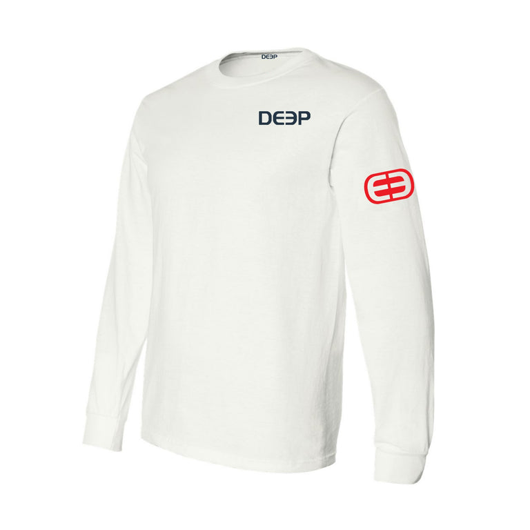 White Cotton Long Sleeve - Navy / Red